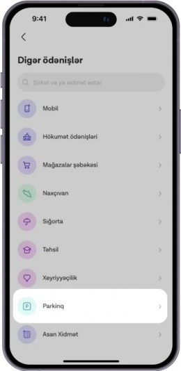 Ödəniş etmək istədiyin "Parkinq xidməti"ni seç;