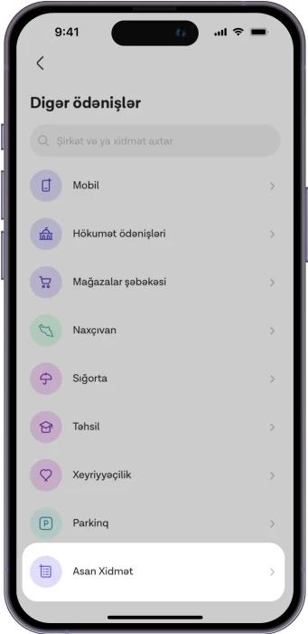 ASAN xidmət kateqoriyasını seç;