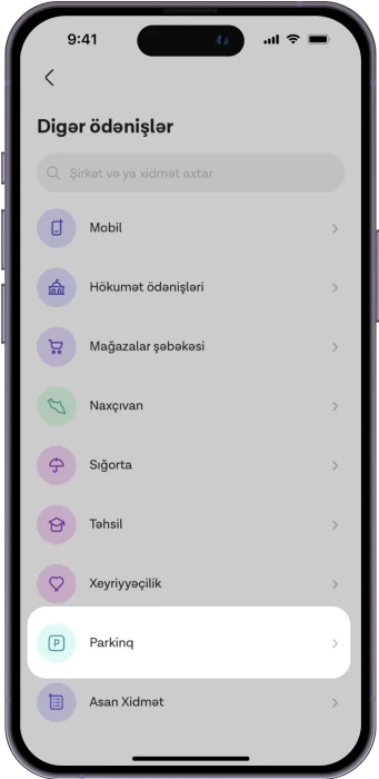 Ödəniş etmək istədiyin "Parkinq xidməti"ni seç;