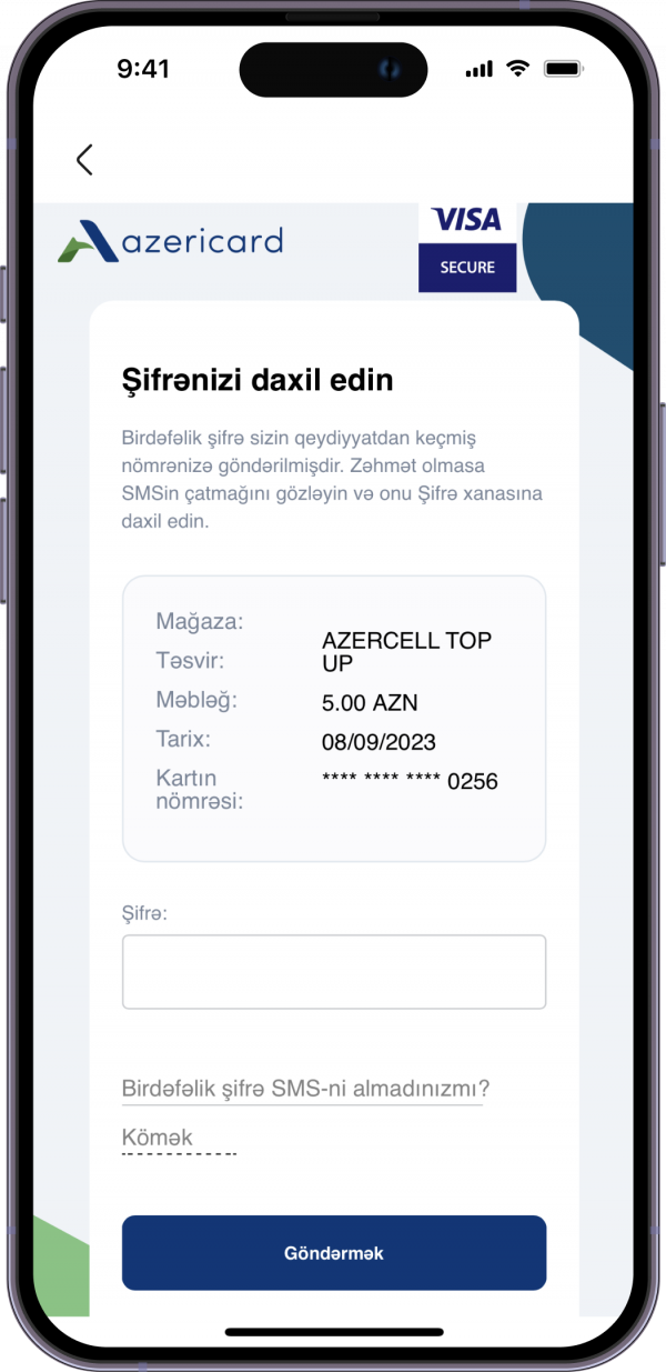 SMS vasitəsilə alınan təsdiq kodunu daxil edin